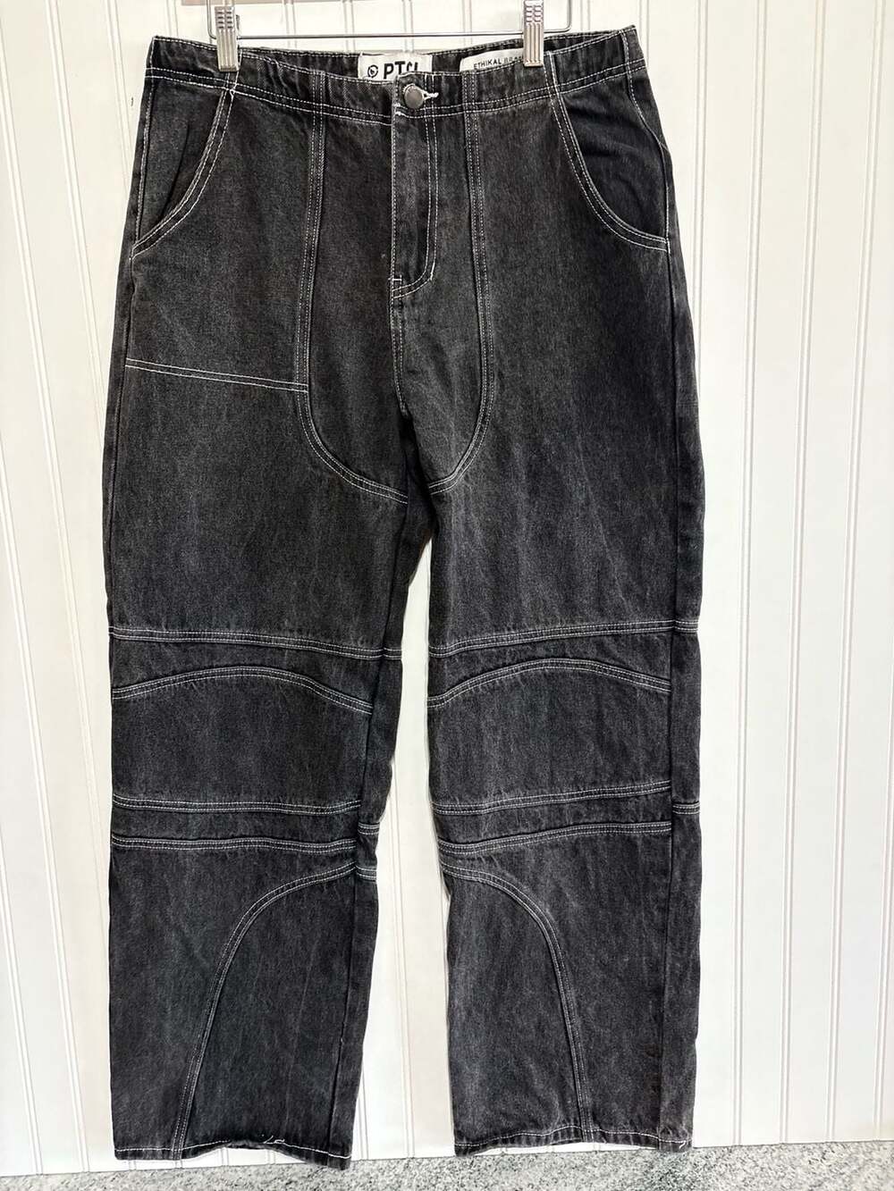 PTCL Ethikal Brand Black Washed Contrast Stitch Paneled Motorcycle Pants Size 30 - Picture 1 of 7